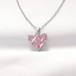 316L Çelik Silver Renk Pembe Zirkon Taşlı Kalp Kolye