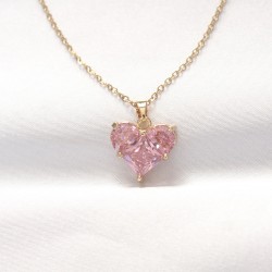 316L Çelik Gold Renk Pembe Zirkon Taşlı Kalp Kolye