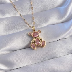 316L Çelik Zincir Gold Renk Pembe Zirkon Taşlı Teddy Kolye