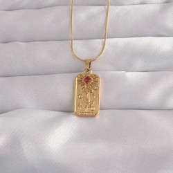 316L Çelik Gold Renk Kırmızı Zirkon Taşlı Gül Model Vintage Kolye