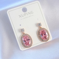 Xuping Rose Gold Renk Pembe Zirkon Taşlı Kristal Kadın Küpe